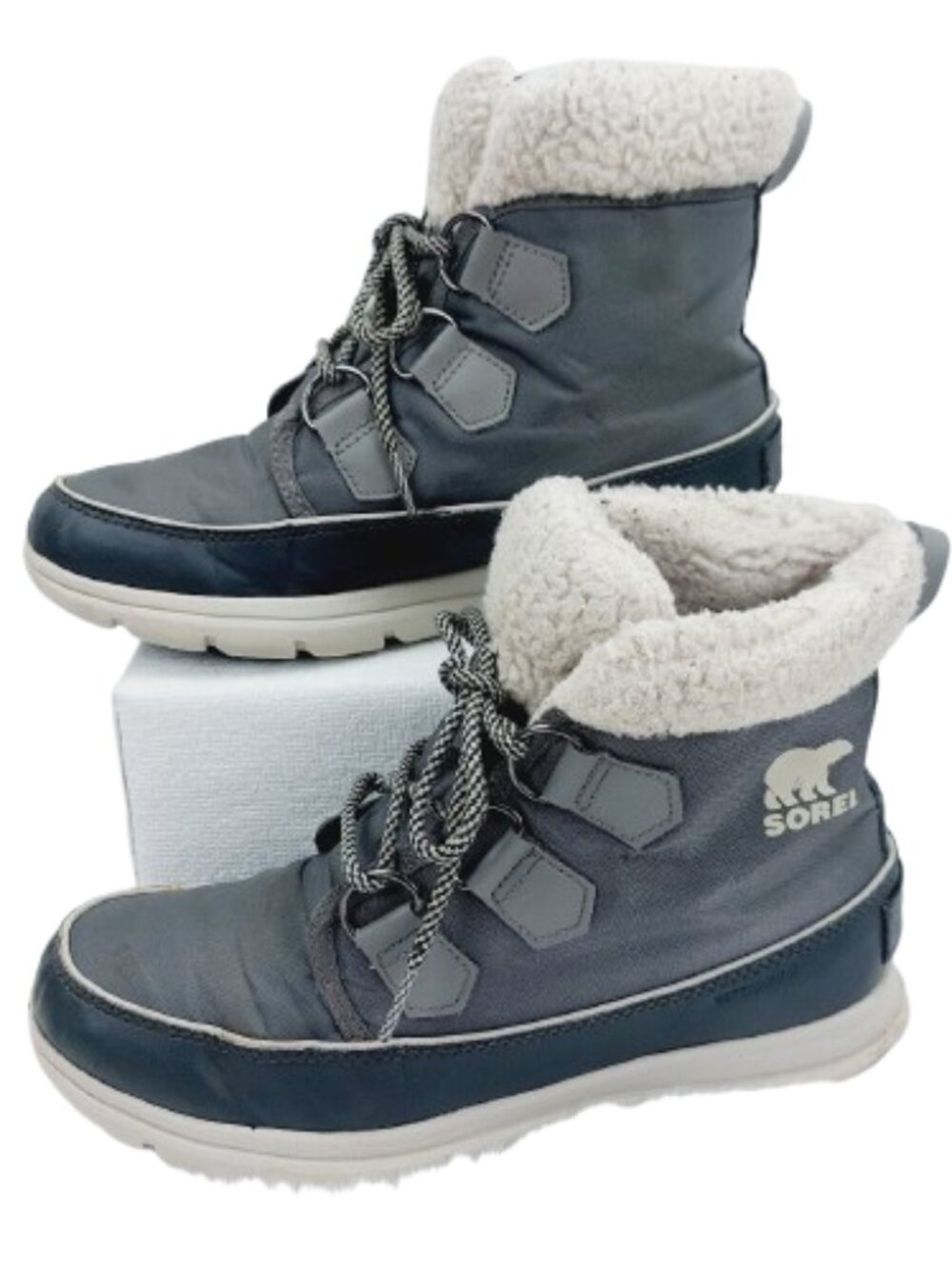 Sorel Women’s Quarry Grey Explorer Carnival Faux-Fur Winter Snow Boot Size US 8